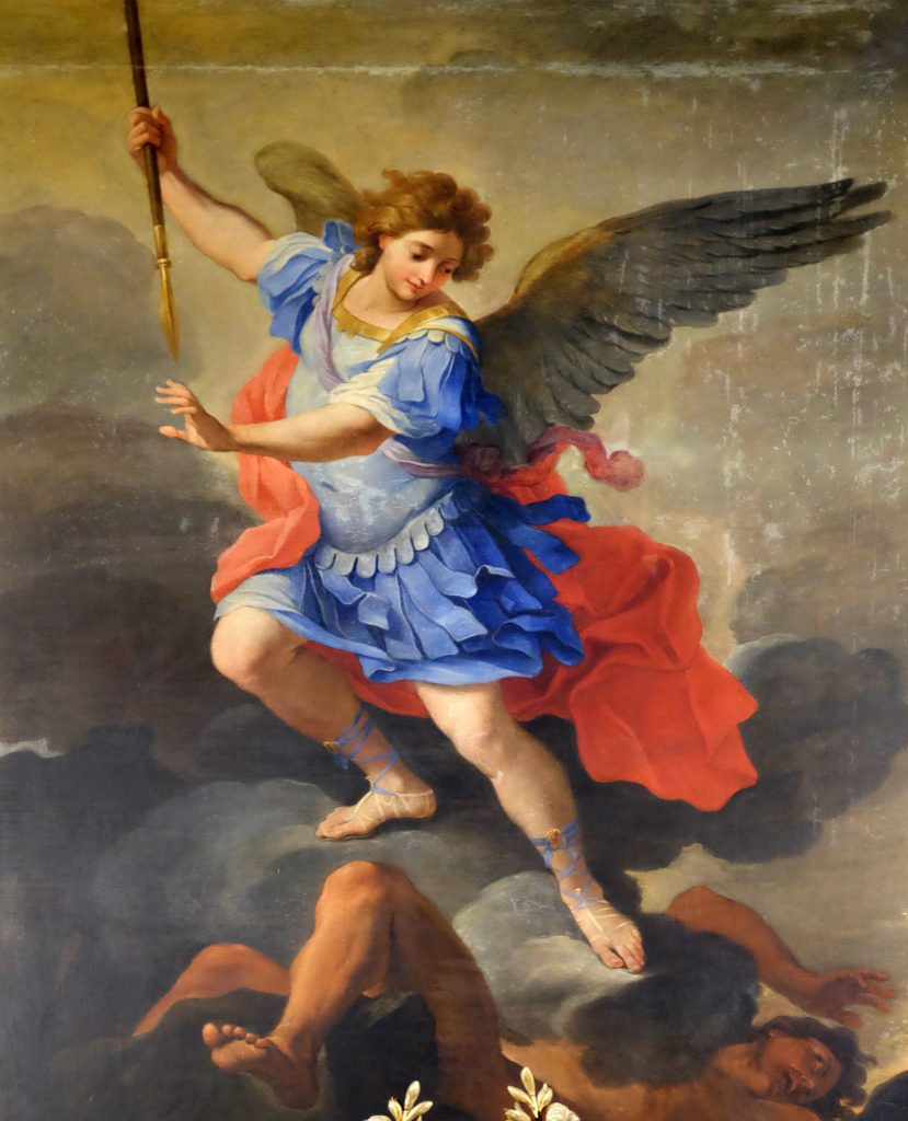St Michael the Archangel, altarpiece by Ludovico Gimignani in Chapel of St Michael the Archangel, Basilica di Sant Andrea delle Fratte, Rome, Italy