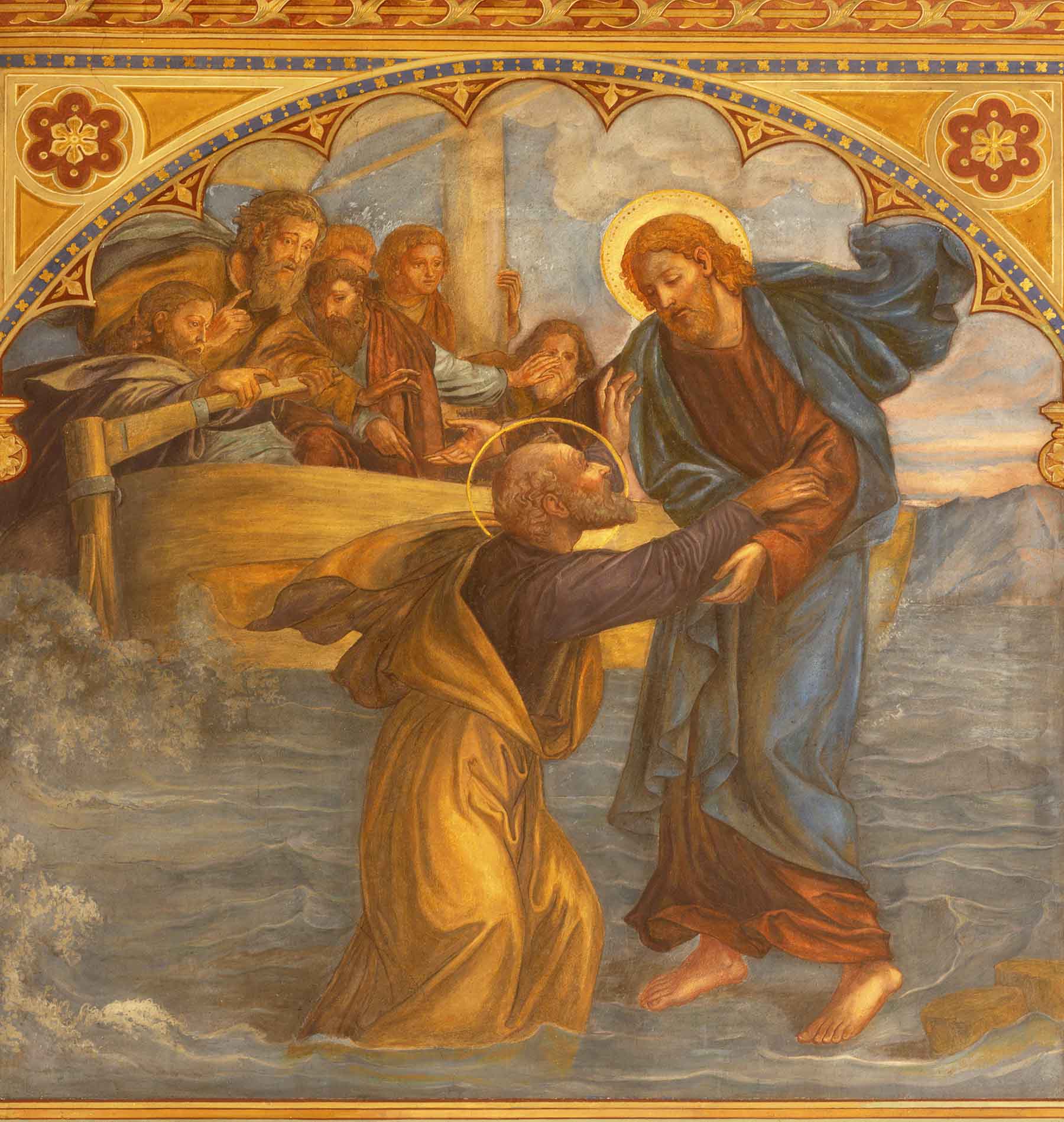 Peter walks on water to Jesus.